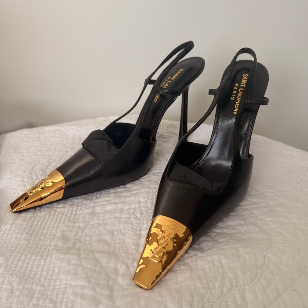 Brand New Saint Laurent Jeanne Black Slingback Heels with Gold Toe Accent - Picture 3 of 15